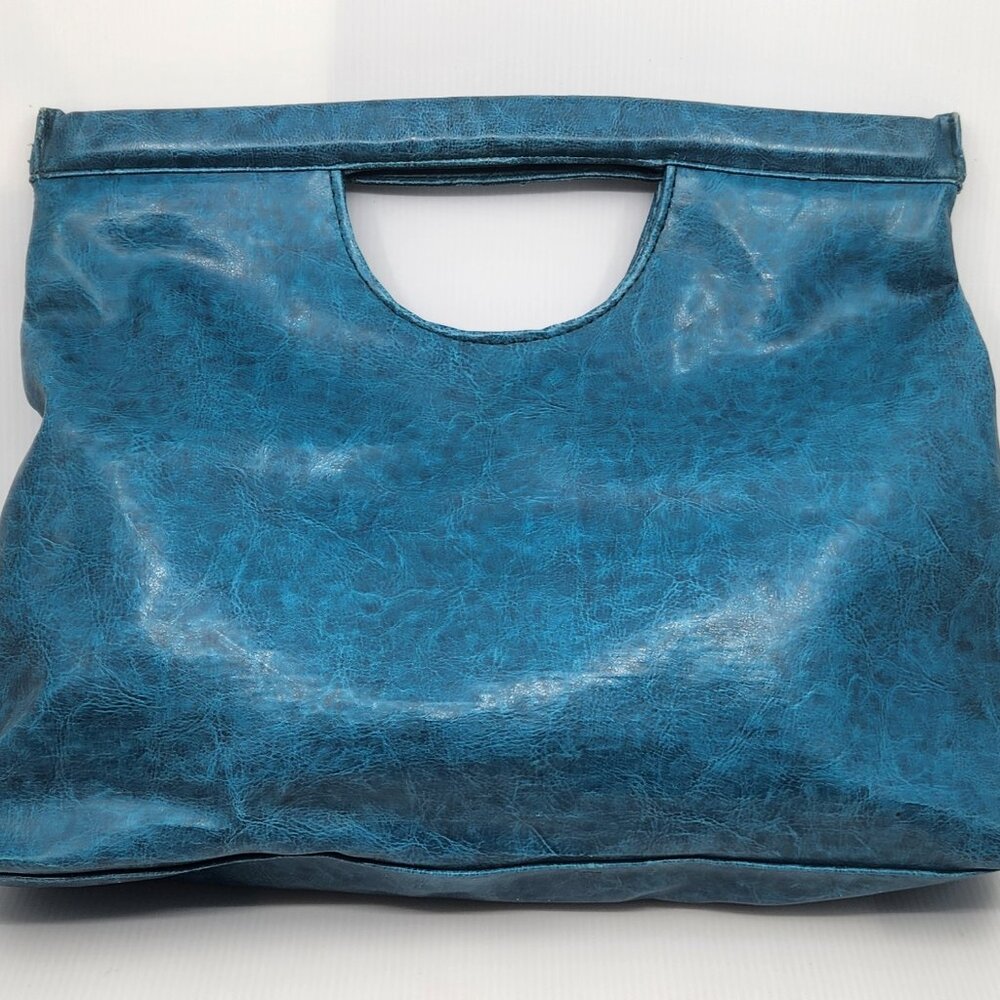 Turquoise Blue Faux Leather Oversized Clutch Cutout Handle Slouchy Handbag 11x14